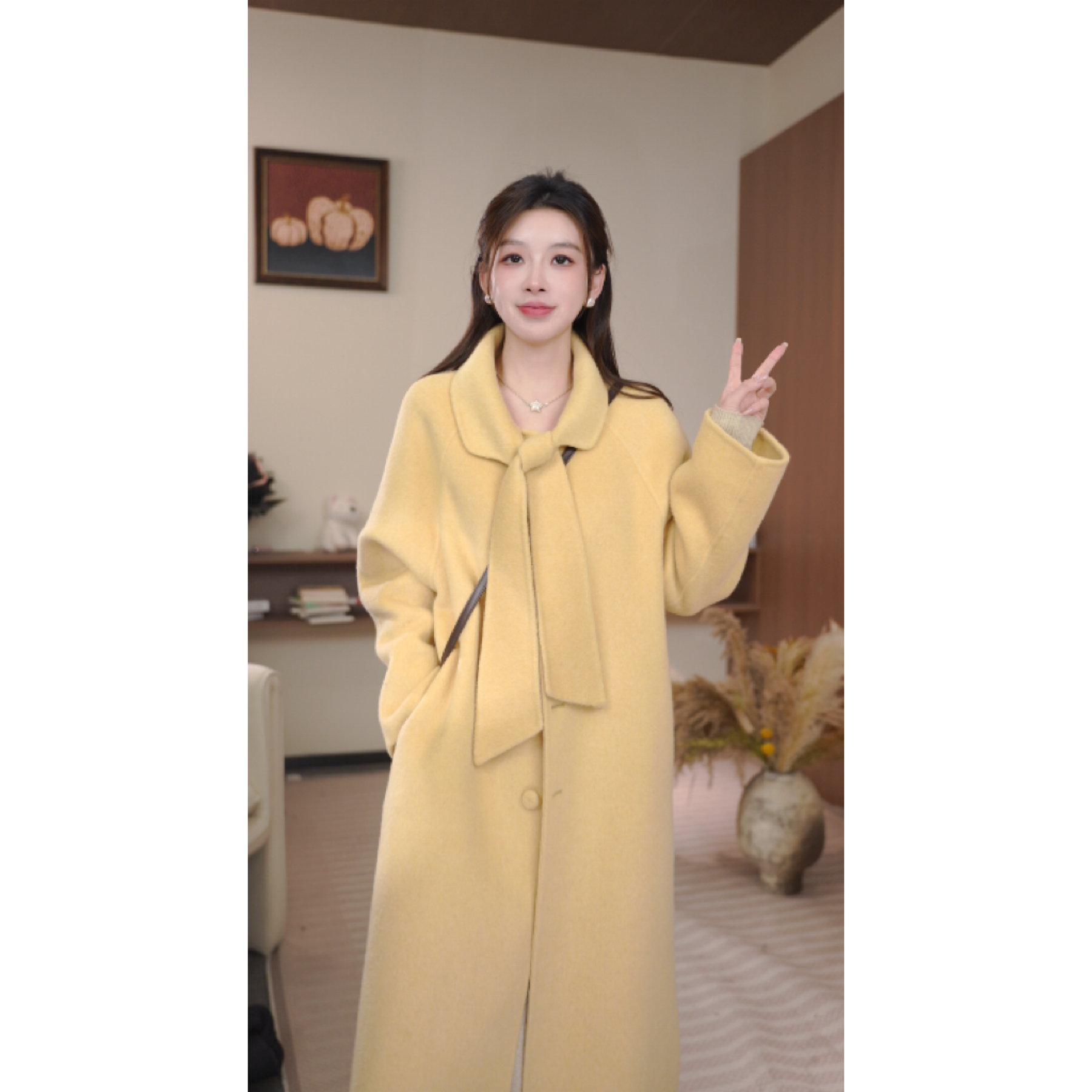 Xxia 2025韩版中长款系带双面羊毛大衣