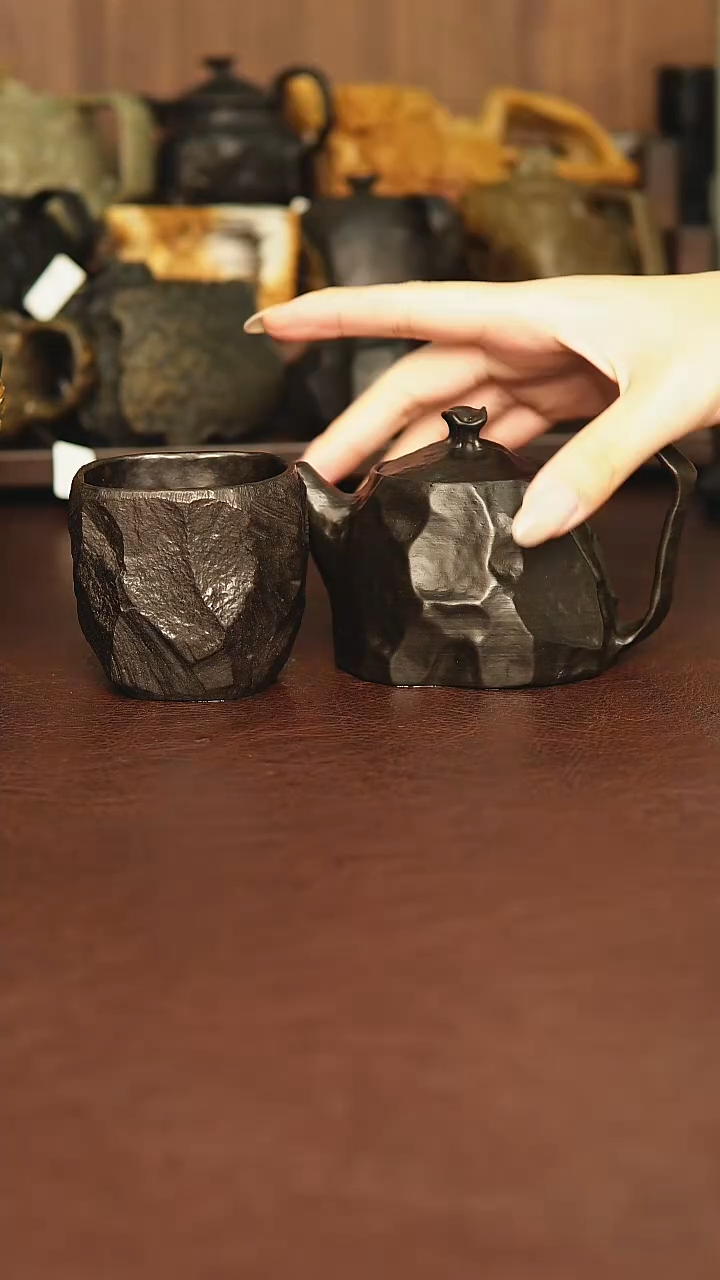 雲*冰碛岩手凿壶加手凿杯
