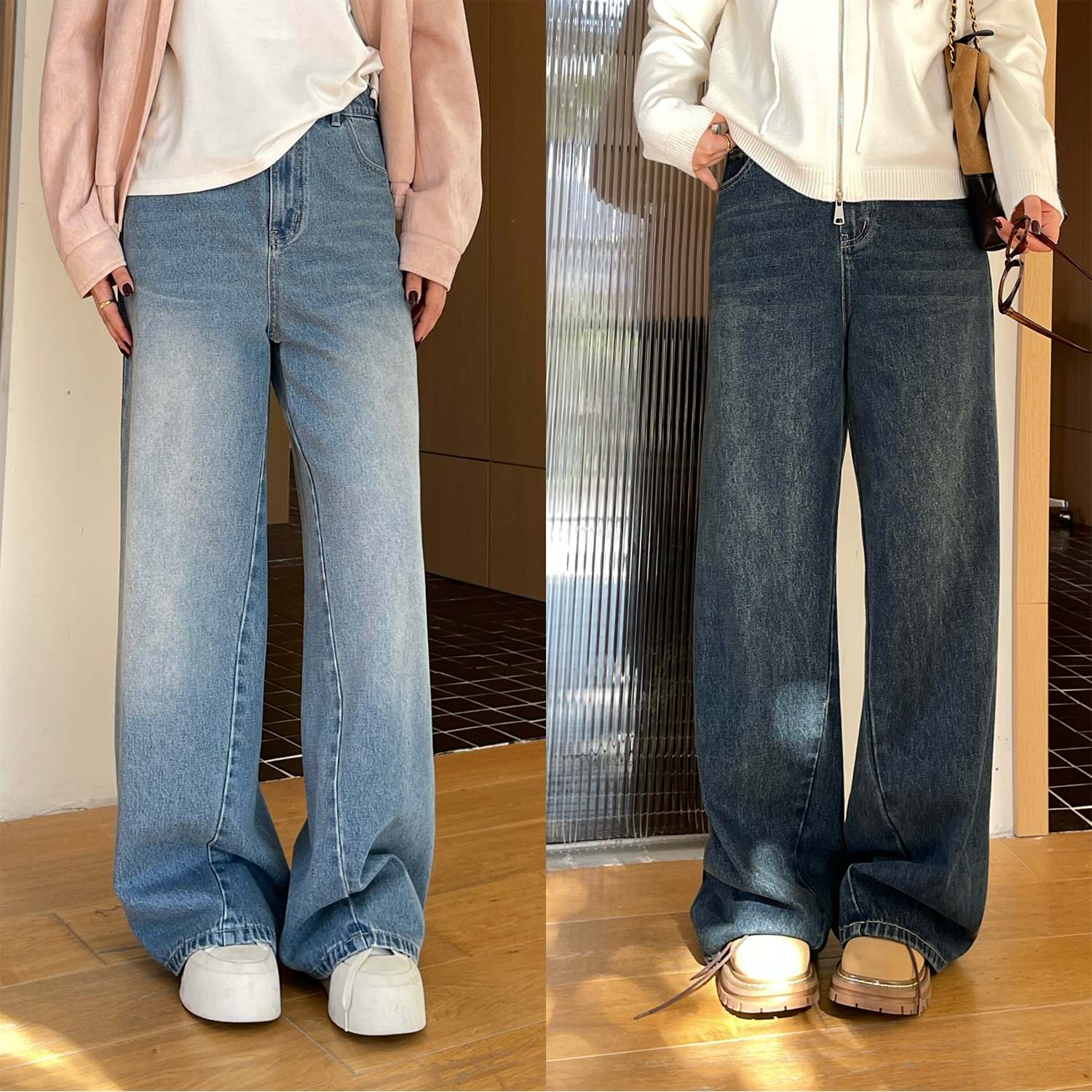 QC裂渡【街头玩家】微胖大码女秋时尚设计感分割牛仔裤ZY507F44