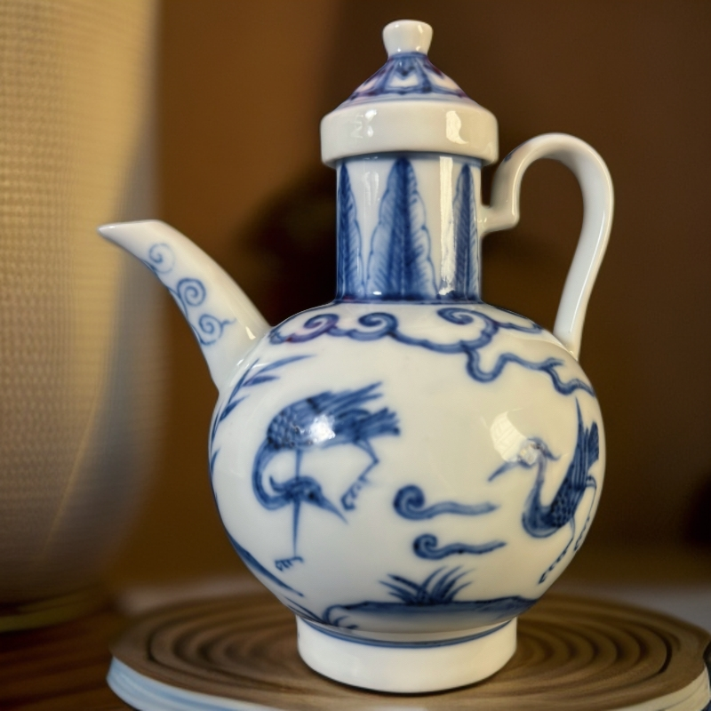 明风格青花芦苇白鹿图案陶瓷小茶壶茶具手工手绘