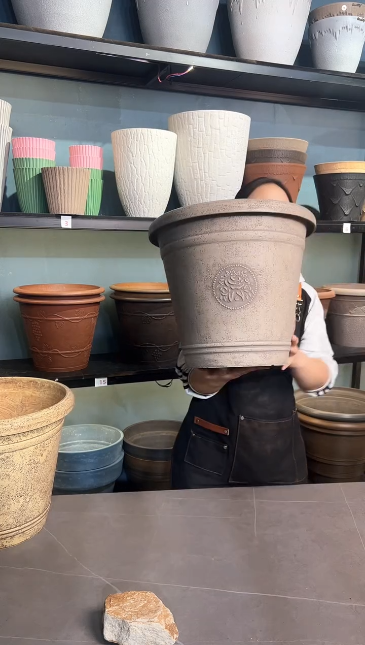 38*33/USA38-E浅灰色手工浮雕纹理大花盆外贸尾单