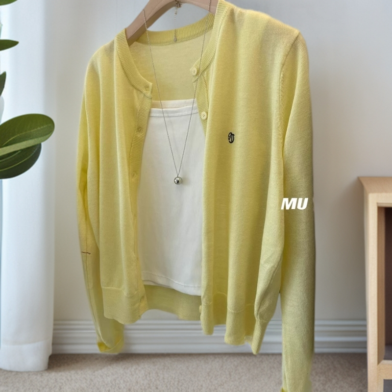 春秋薄款黄色刺绣针织开衫外套软糯圆领百搭显瘦气质时尚长袖上衣