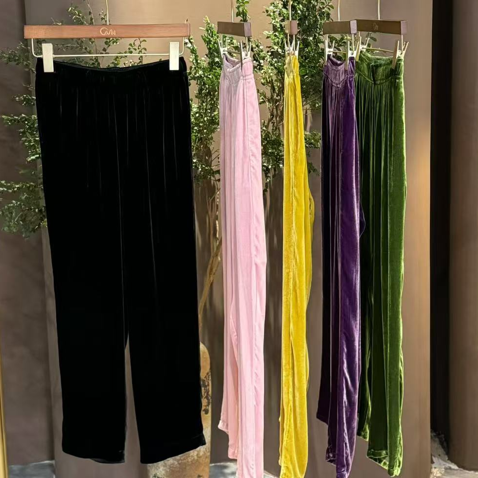 桑蚕丝真丝丝绒直筒小脚裤