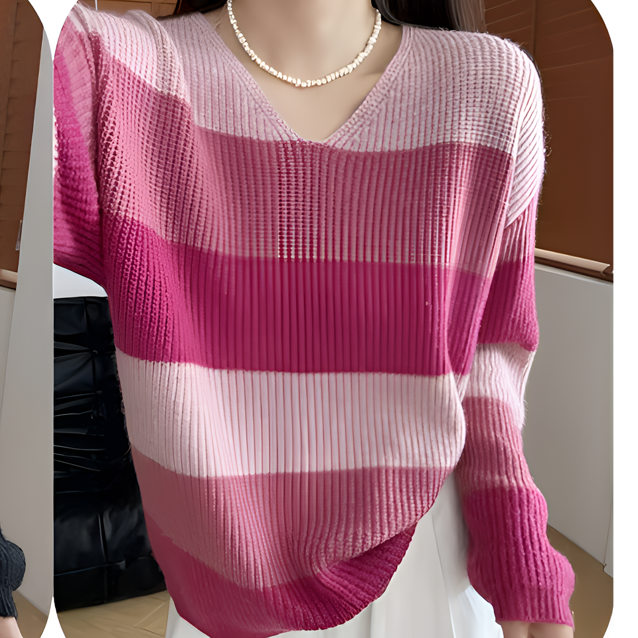 8801 V领条纹羊毛混纺时尚打底衫（剪标款）