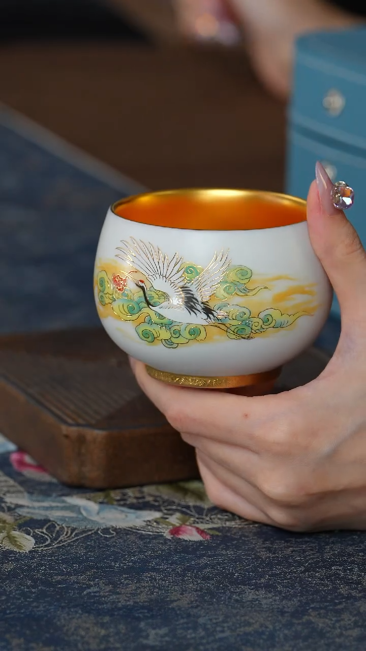 【闪购商品】【鎏金羊脂玉仙鹤杯】【蓝12西泠礼盒】