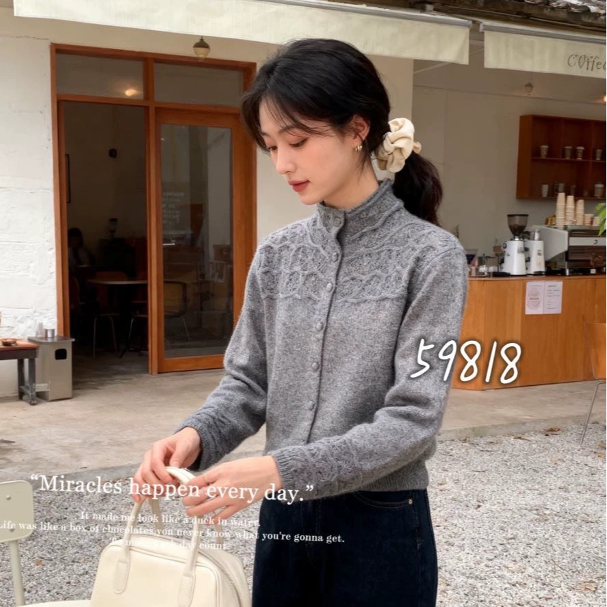 【运费补贴】【层层叠叠】灰色针织开衫女毛衣外套气质单排扣宽松上衣