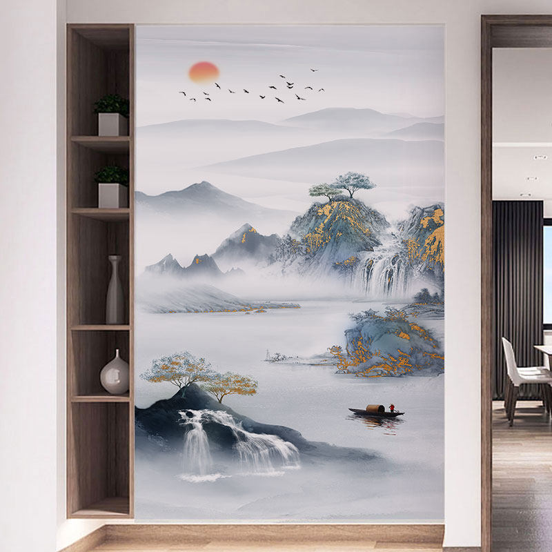 定制新中式3D水墨山水画玄关背景墙布复式别墅客厅8D立体装饰壁画