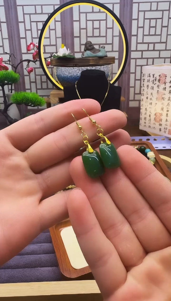 和田玉14K金镶嵌耳饰E111