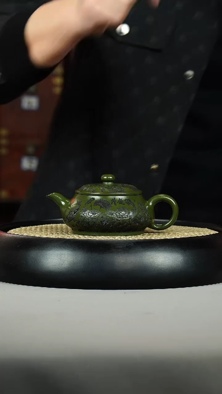 茶壶紫砂绿泥 明炉 刻绘 河趣