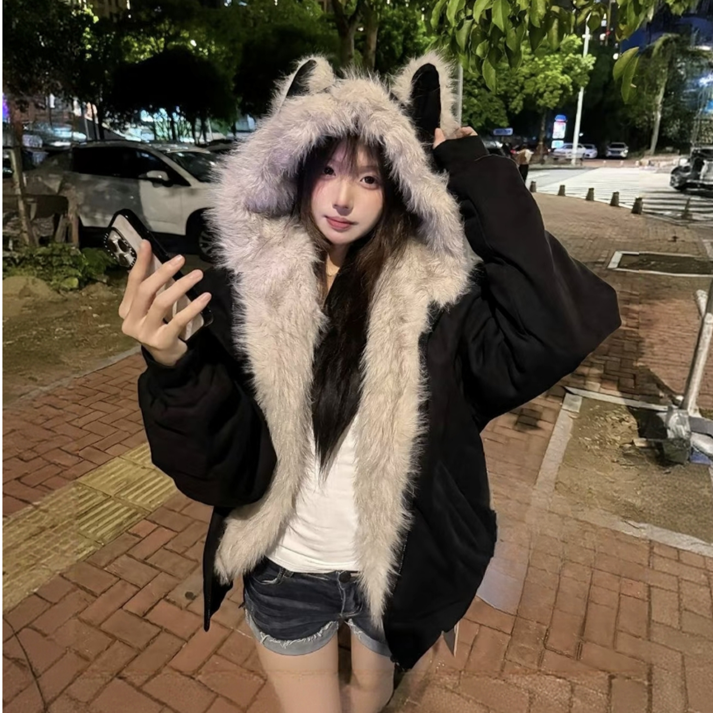 座山雕猫耳朵麂皮绒棉衣棉服女2025冬新款派克服棉袄加绒加厚外套