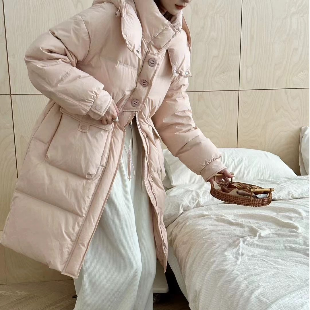 冬季新款三粒扣2收腰长款连帽过膝百搭泡芙升级白鸭绒羽绒服外套