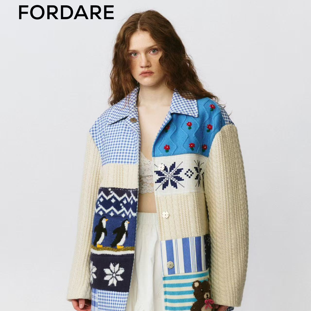 FORDARE/福蝶25秋冬毛织色块拼接羊羔绒棉服外套3599