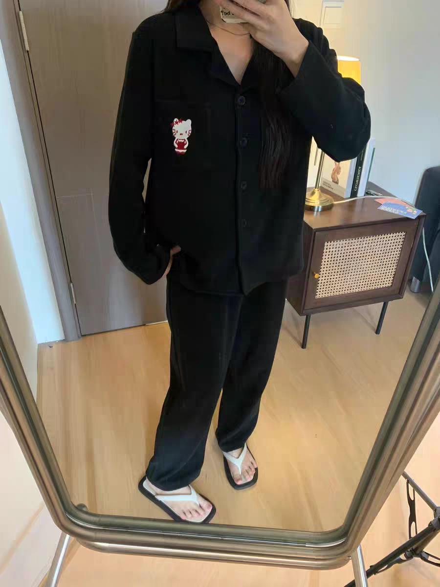 德绒保暖睡衣女加厚加绒翻领甜美家居服黑色KT猫