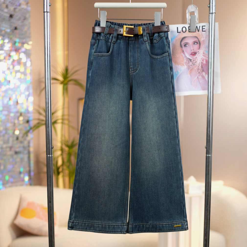 女童加绒设计口袋牛仔裤2025冬季新款中大童脚口贴标儿童直筒裤子