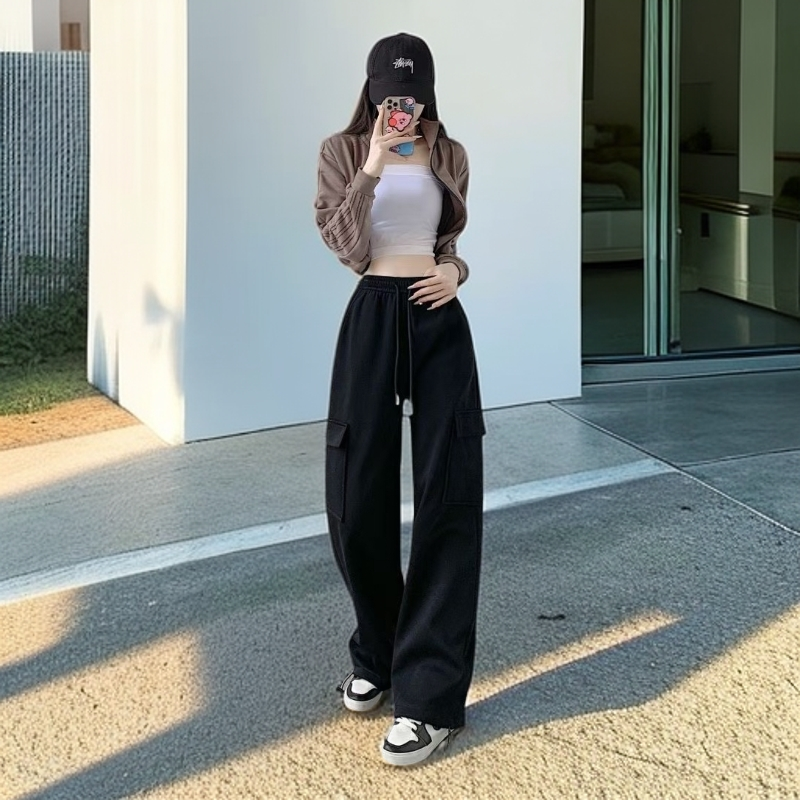 228女士高腰显瘦宽松黑色休闲束脚直筒美式工装裤