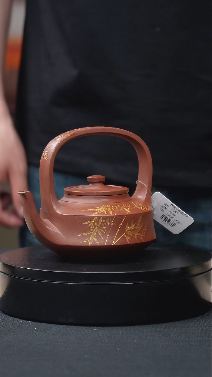 紫砂茶壶红清水刻绘提碧提梁