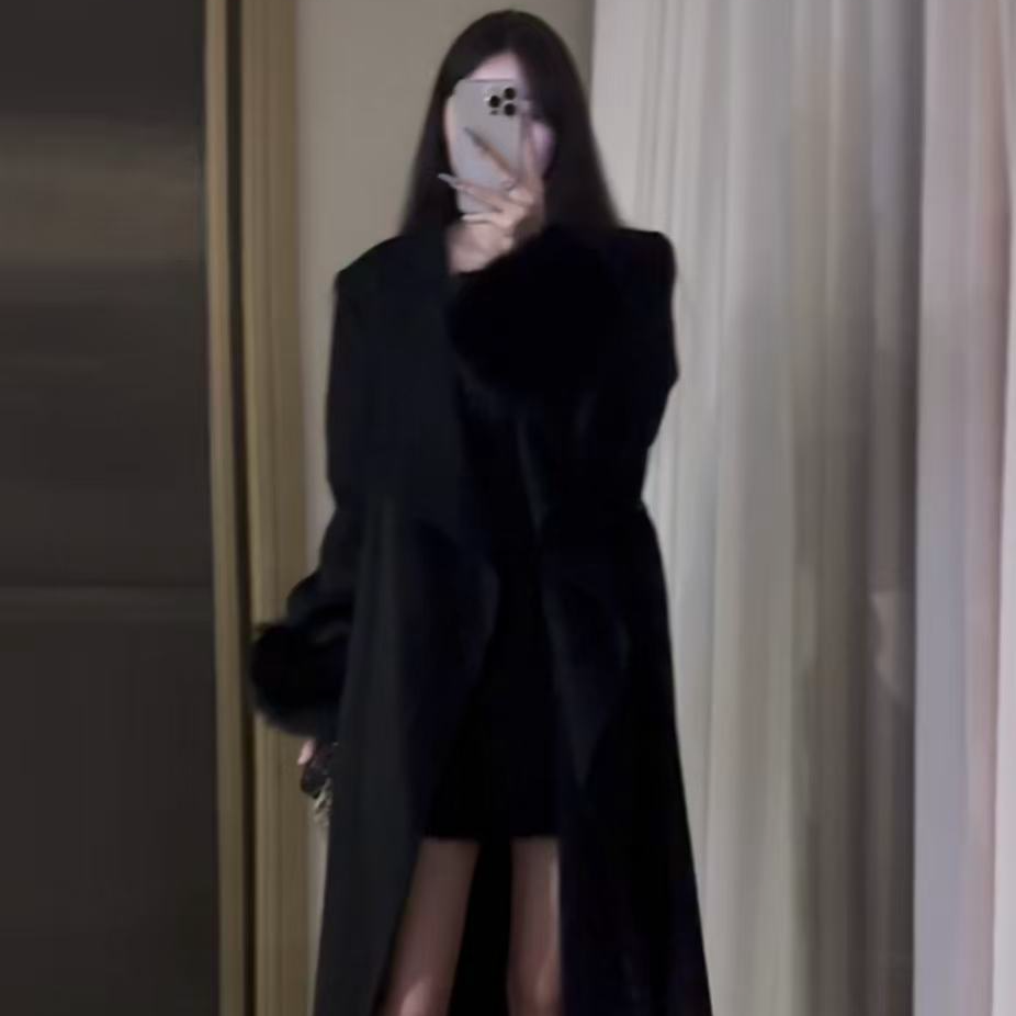 女翻领宽松型修身型长款羊毛外套开衫韩版冬季时装大衣