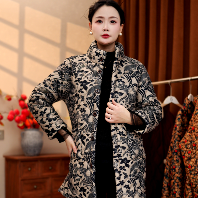 妈妈冬季中长款保暖女棉衣棉服印花加绒女士棉袄妈妈装中老年棉袄