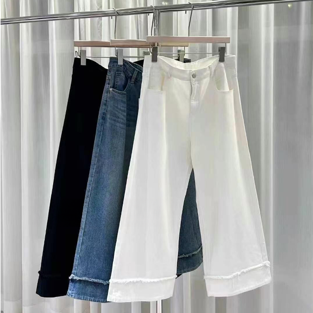 高腰显瘦卷边直筒阔腿裤