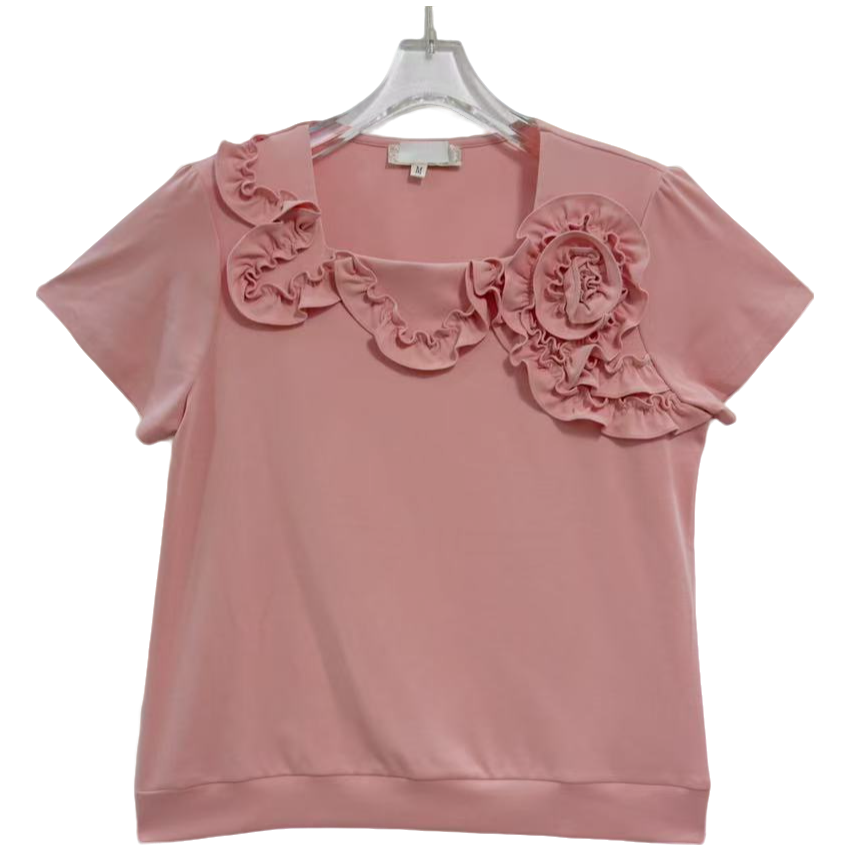 桐然精选043#夏季新品时尚设计感百搭宽松玫瑰花褶皱显瘦上衣