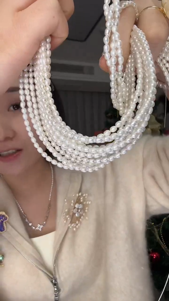 项链未镶嵌淡水珍珠3-4米粒型珍珠项链1条