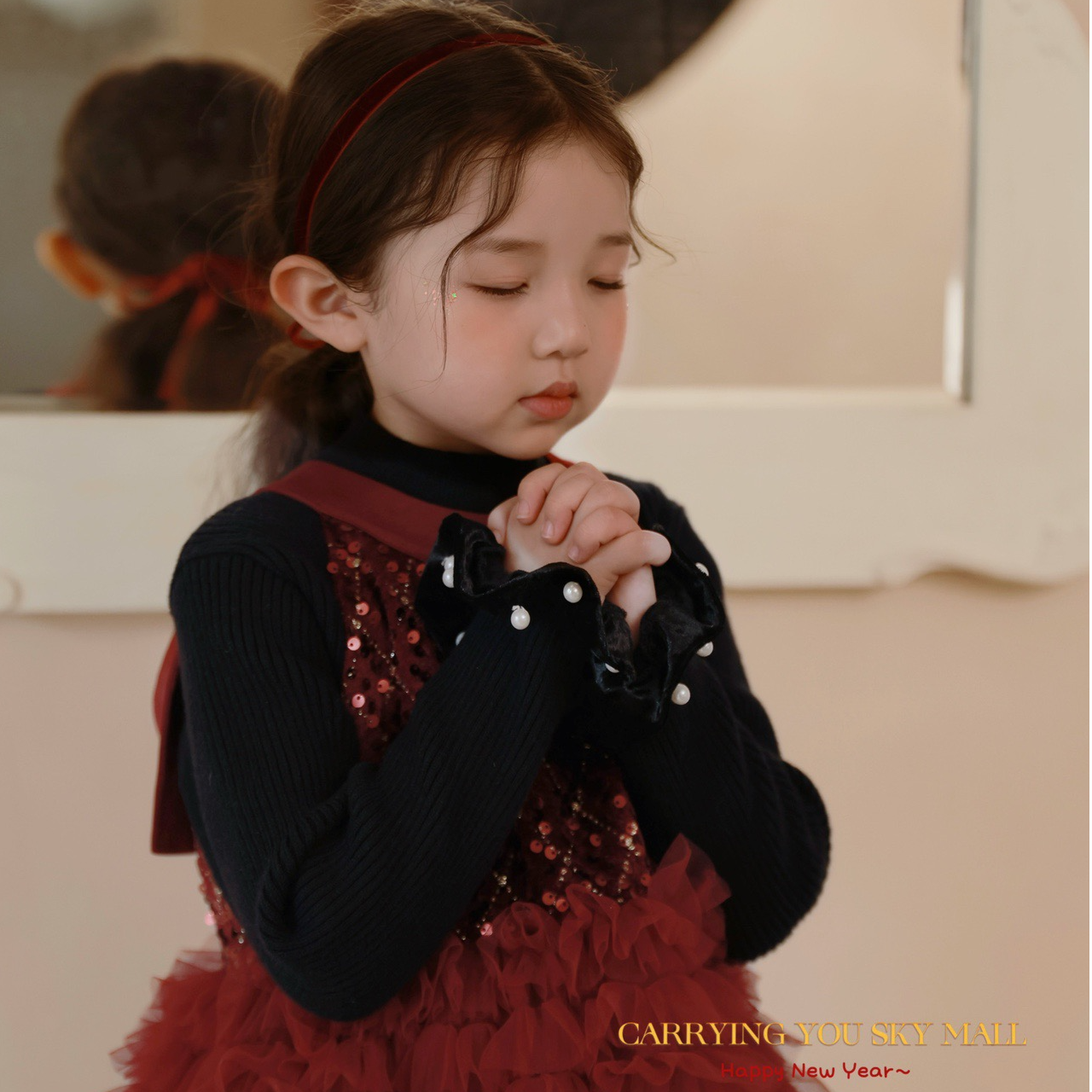 2025女童冬季气质礼服裙红色亮片公主裙喜庆圣诞节生日红色蛋糕裙