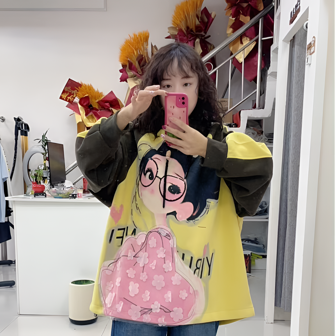 欧版14073蕾丝花朵眼镜美女休闲卫衣连帽上衣-0826