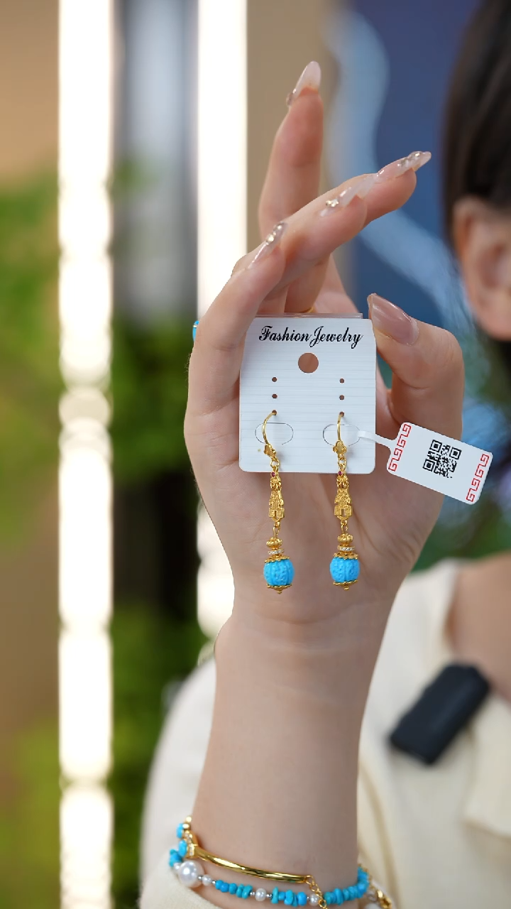 银S925镀金镶嵌绿松石耳饰秒拍号4