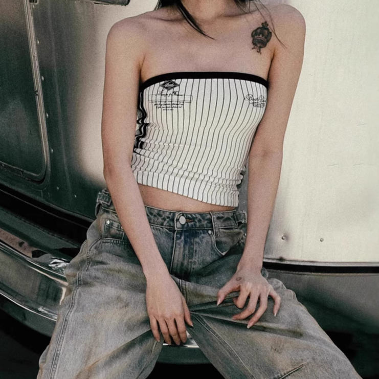 JODIE WANG 竖条纹抹胸辣妹修身显瘦性感吊带上衣女