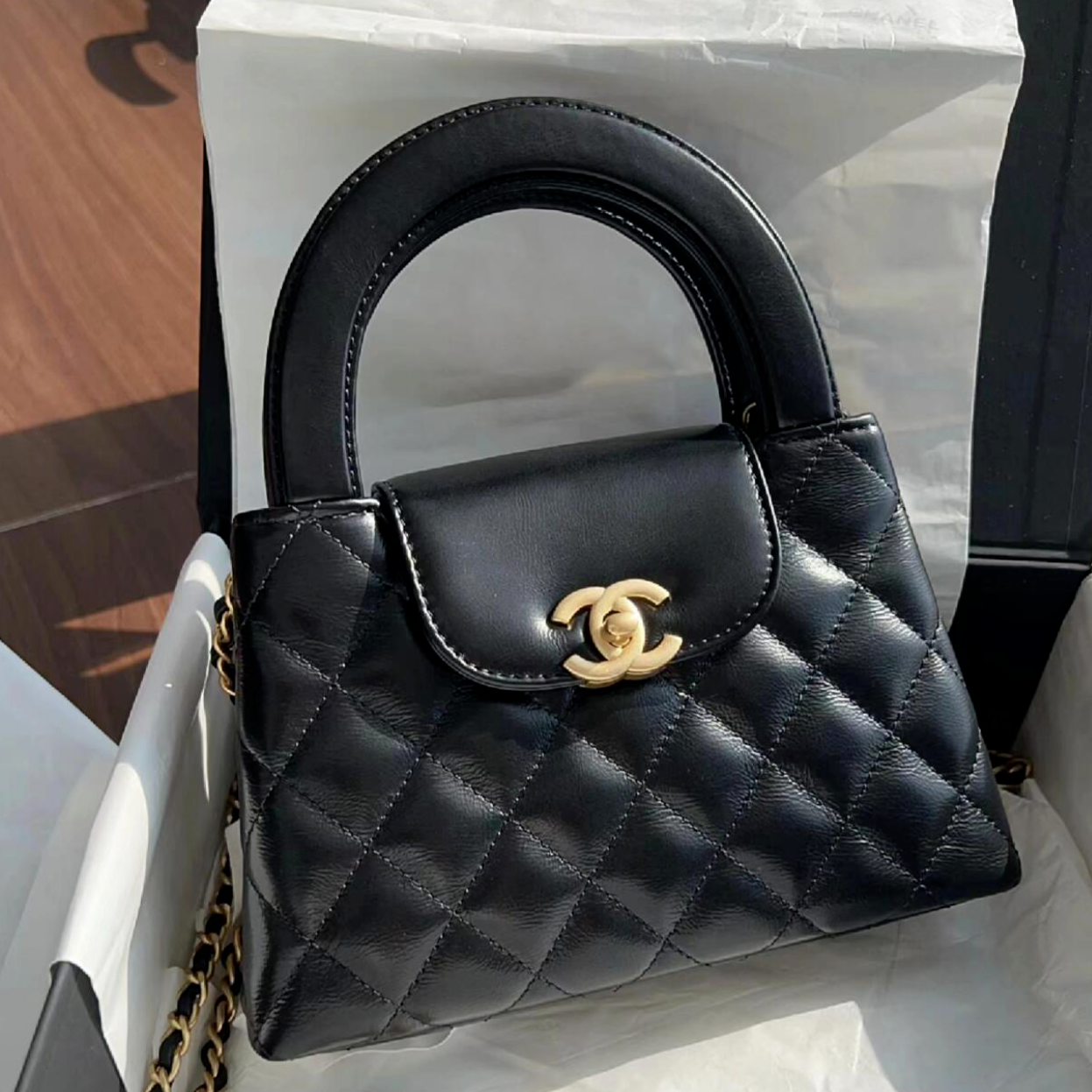 99新 Chanel/香奈儿 小花攀攀Kelly 金标链条黑色 皮革C 芯片