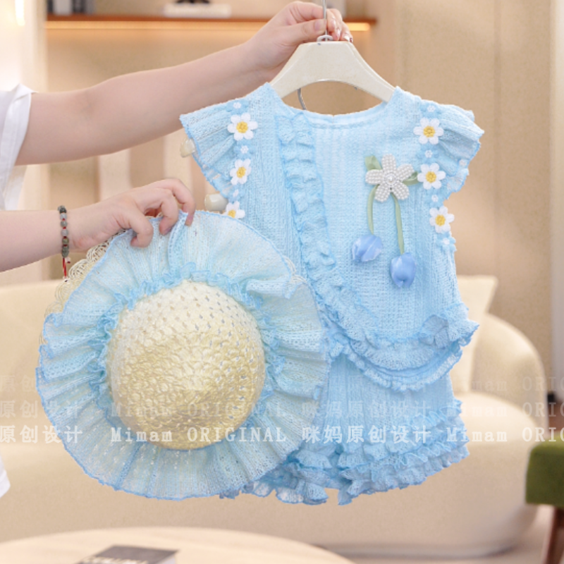 【云间花簇】夏季纯色女宝大蝴蝶结套装韩版套头薄款5X136L