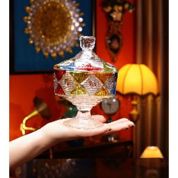 手绘菱形带盖储物罐创意高脚果斗摆件