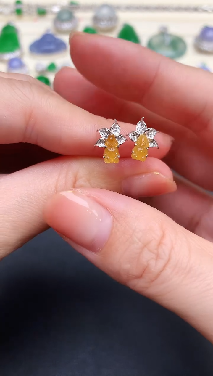 翡翠18K金镶嵌耳饰19金鱼|2500+0