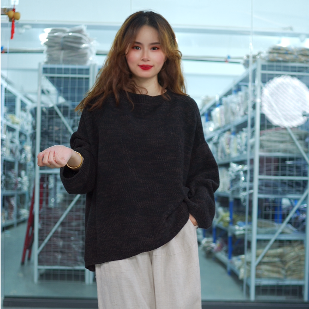 花璟与麻原创设计款蝙蝠袖圆领毛衣（衣长52-60胸围160）