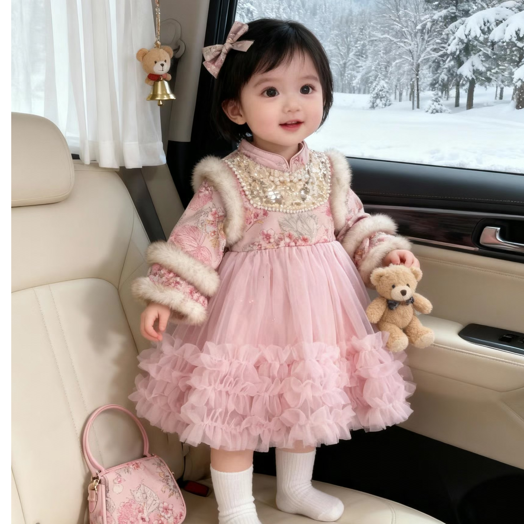 1656冬季加绒女童中国风公主裙小女连衣裙纱裙加绒洋气长袖蓬蓬裙