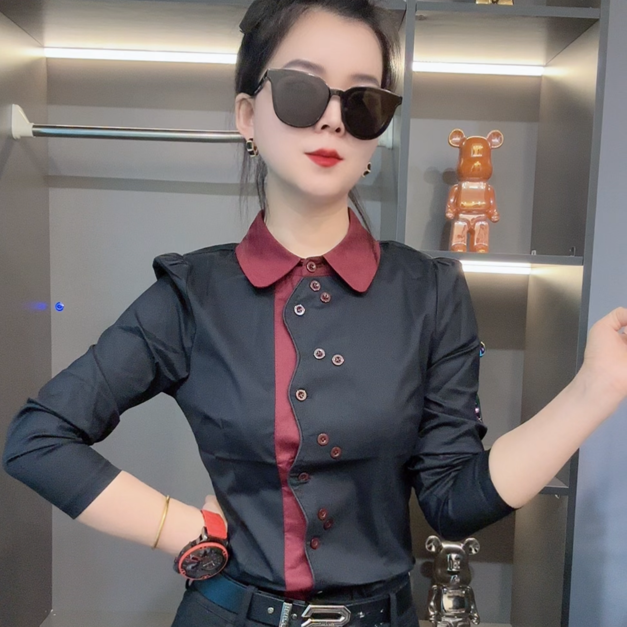 秋季个性时尚百搭修身拼接撞色显瘦弹力棉长袖女款衬衫Z7296