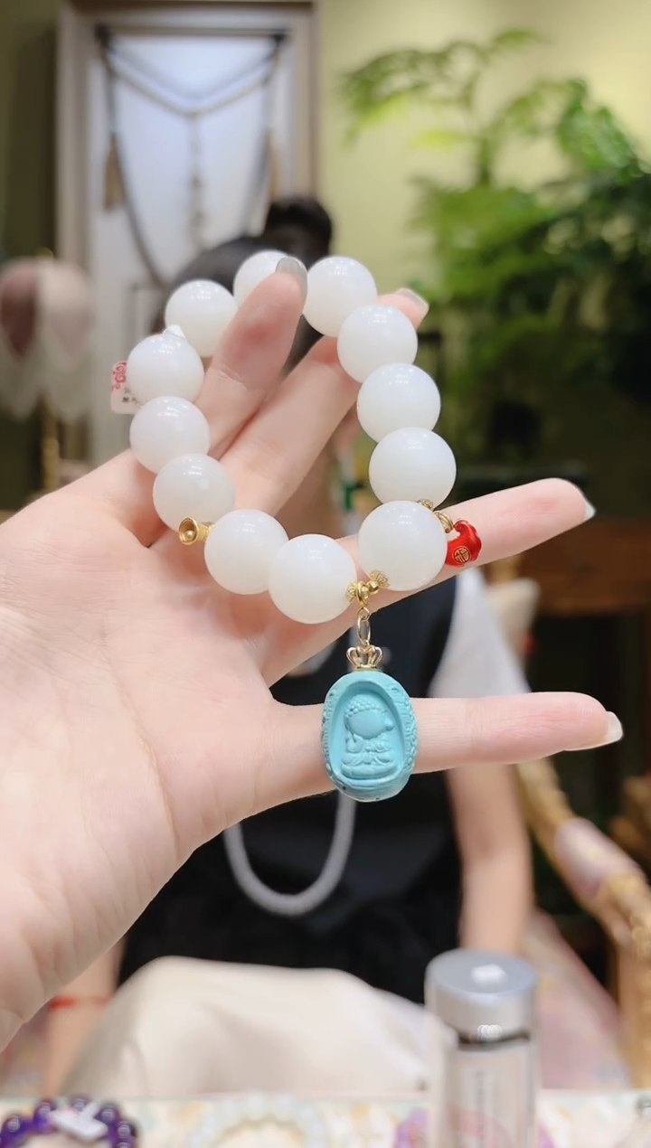 【闪购商品】和田玉手串18K金镶嵌绿松无相佛提溜和田玉手串