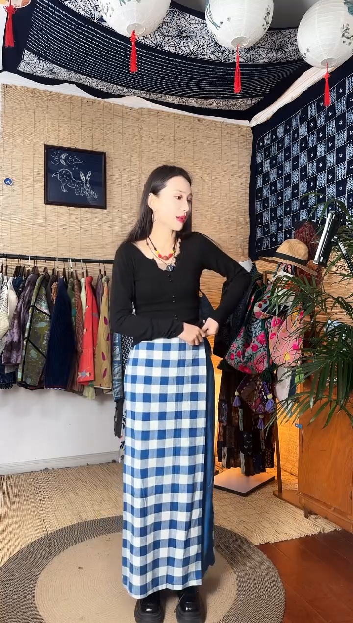 【闪购商品】设计师款网格蓝AB裤裙