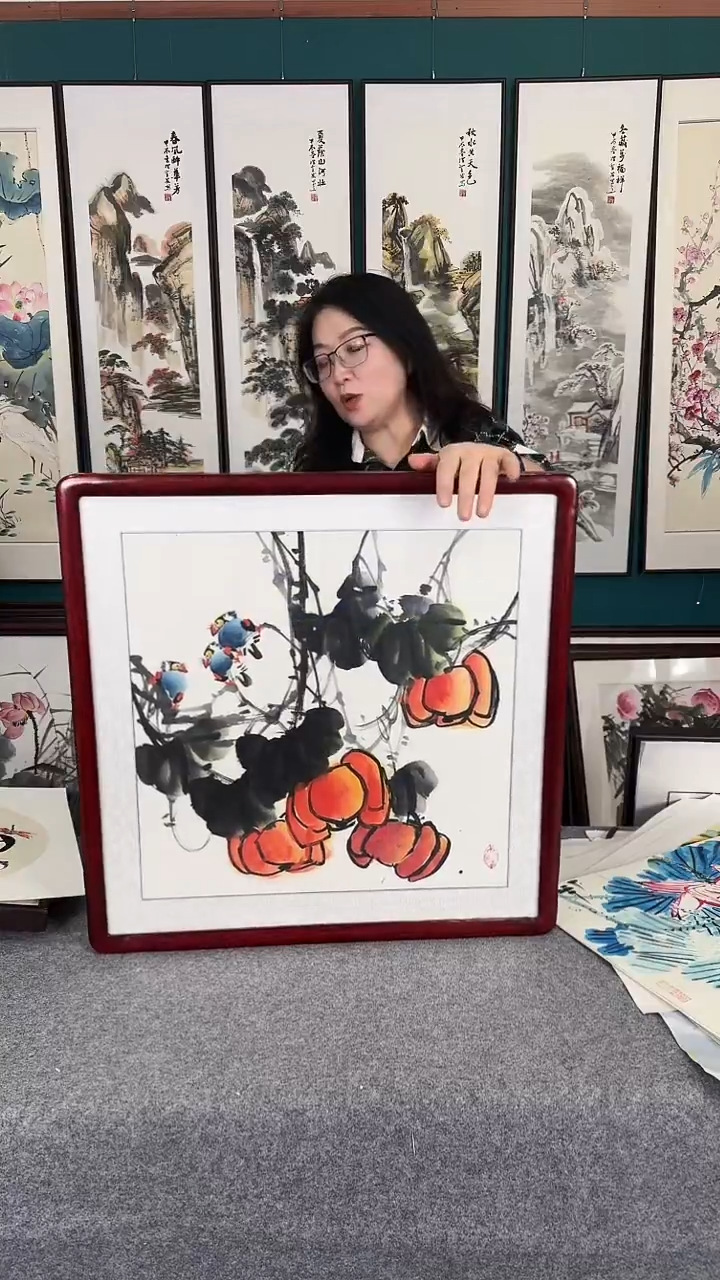 国画63*63南瓜实木装裱