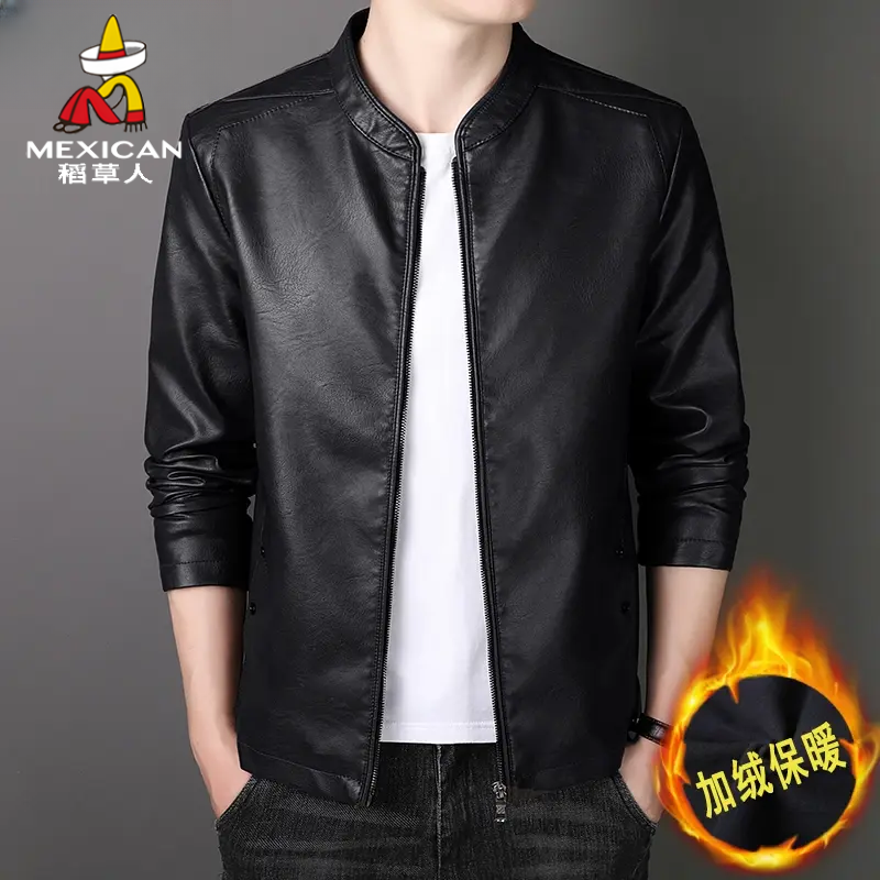 Mexican/稻草人男士秋冬季加绒加厚皮衣夹克韩版帅气时尚修身外套