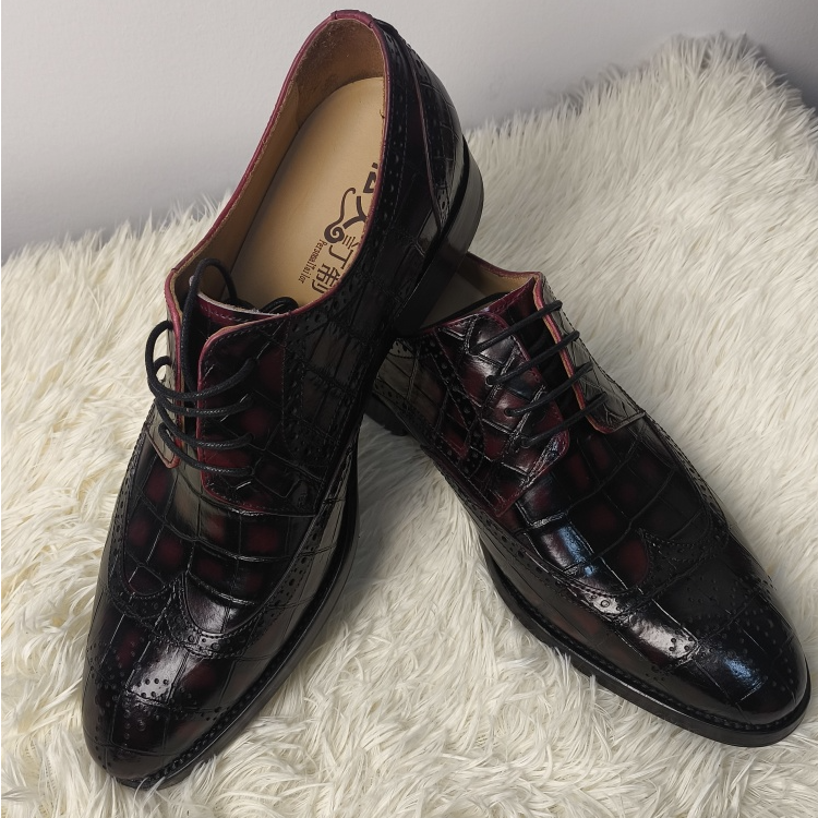 布洛克雕花男鞋英伦风尖头鳄鱼皮新款高端男正装商务固特异皮鞋