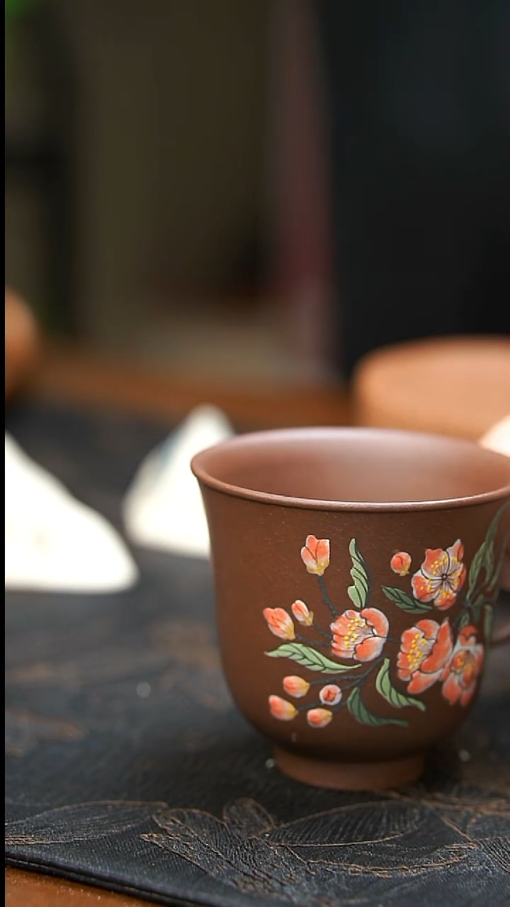 茶壶紫砂紫泥花花手把杯微瑕