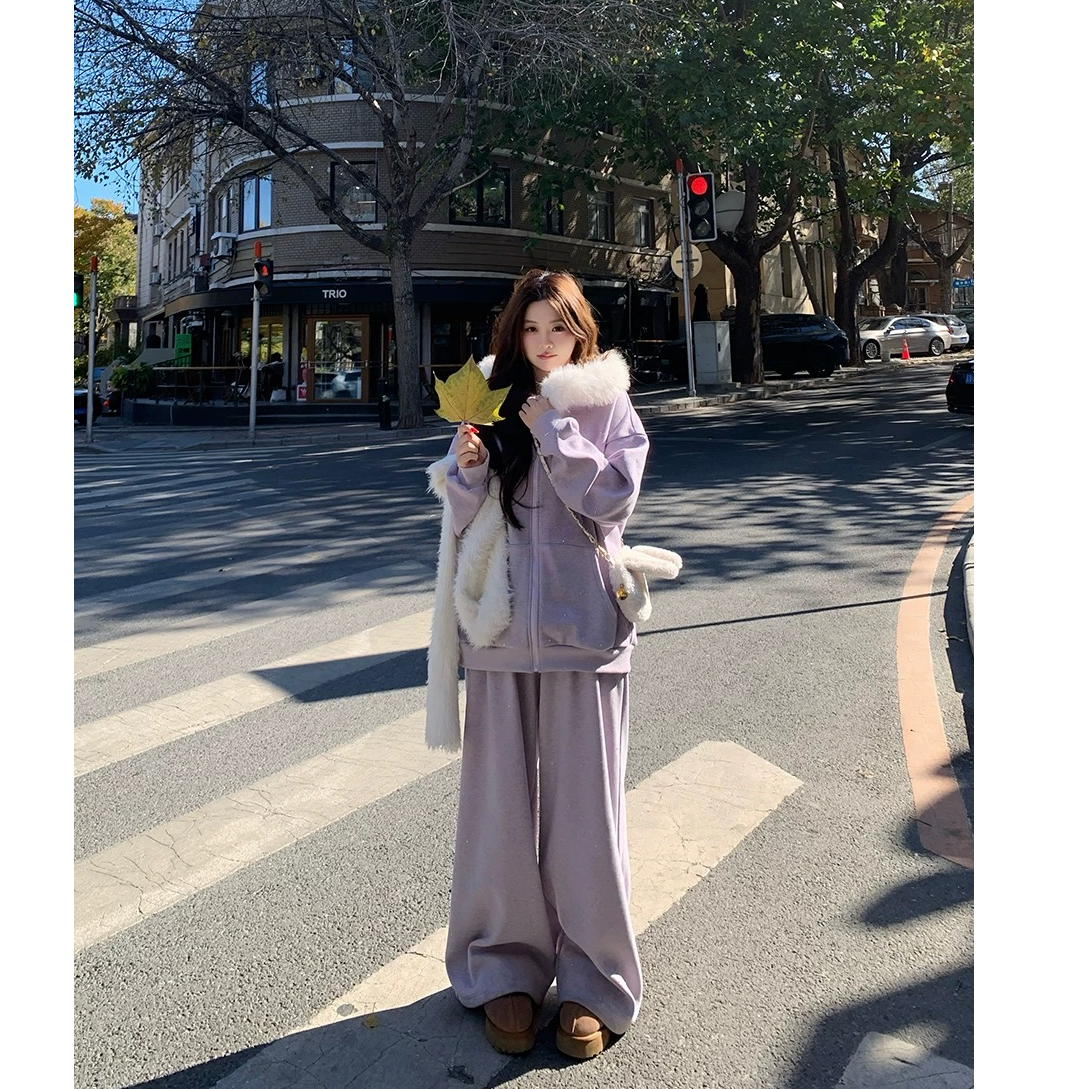  肚困困.爆闪烫钻毛领加绒卫衣长裤套装女微胖大码保暖两件套装