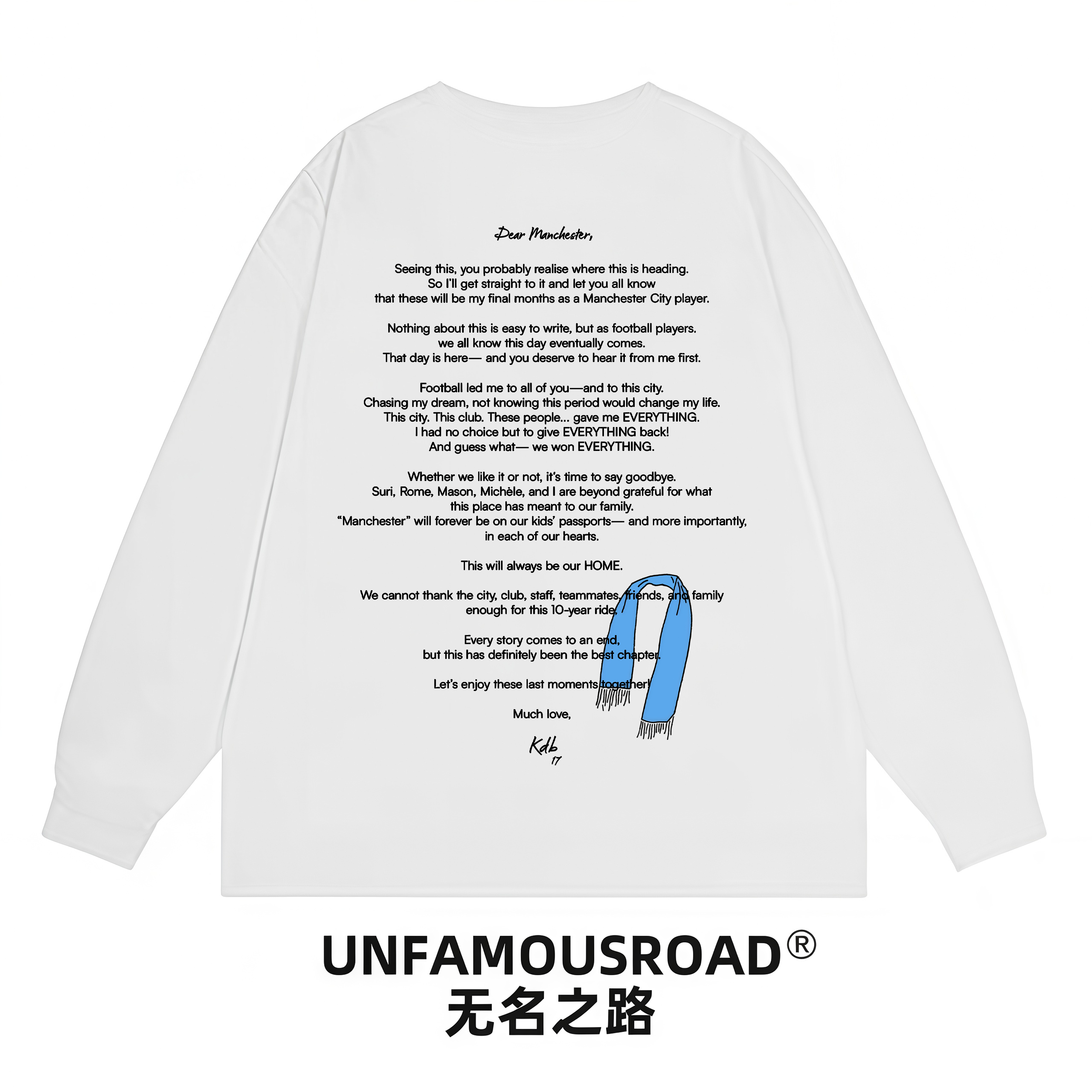 unfamousroad德布劳内告别信 白色长袖100%纯棉 美式运动落肩穿搭