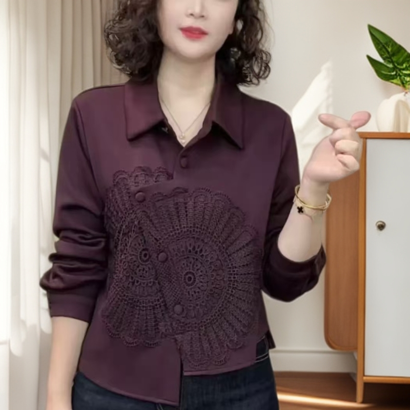 秋季洋气设计感微修身宽松减龄翻领不规则上衣长袖时尚刺绣小衫