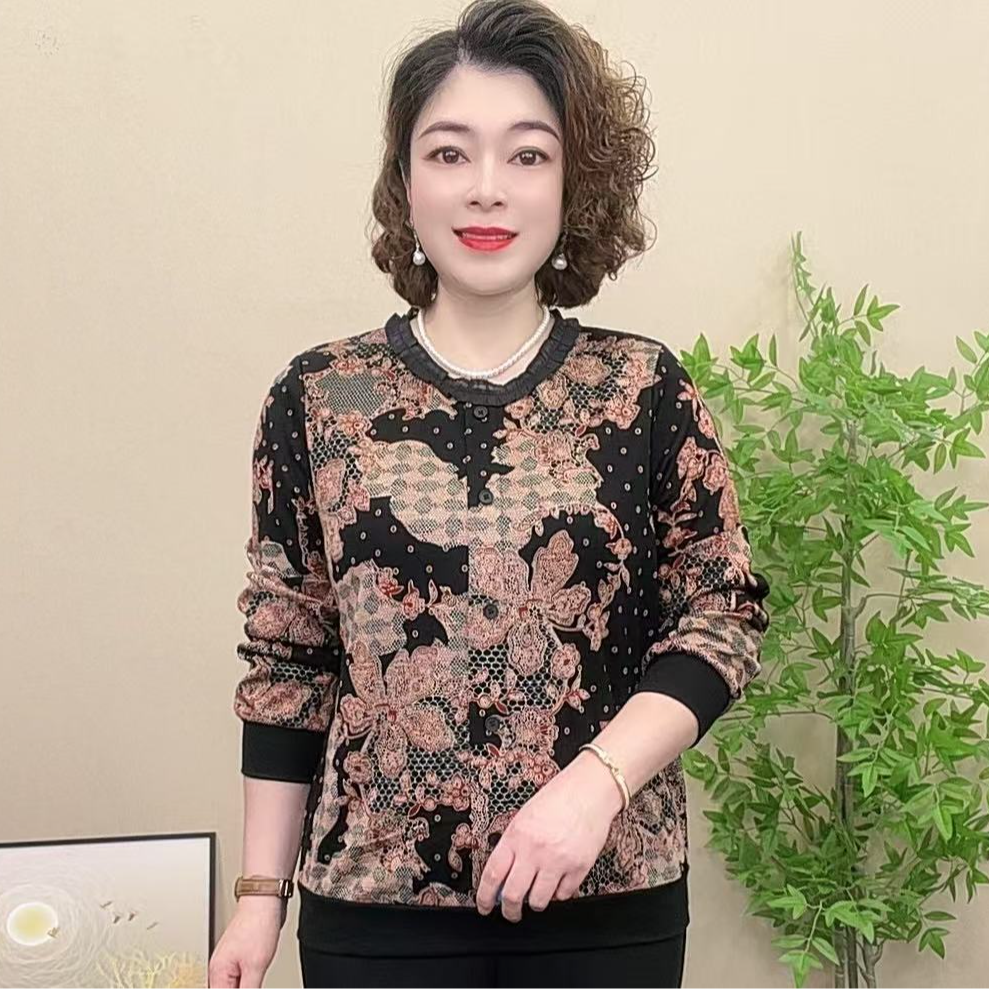 长袖妈妈装小衫厚款时尚中老年女装圆领百搭气质宽松潮牌气质女士