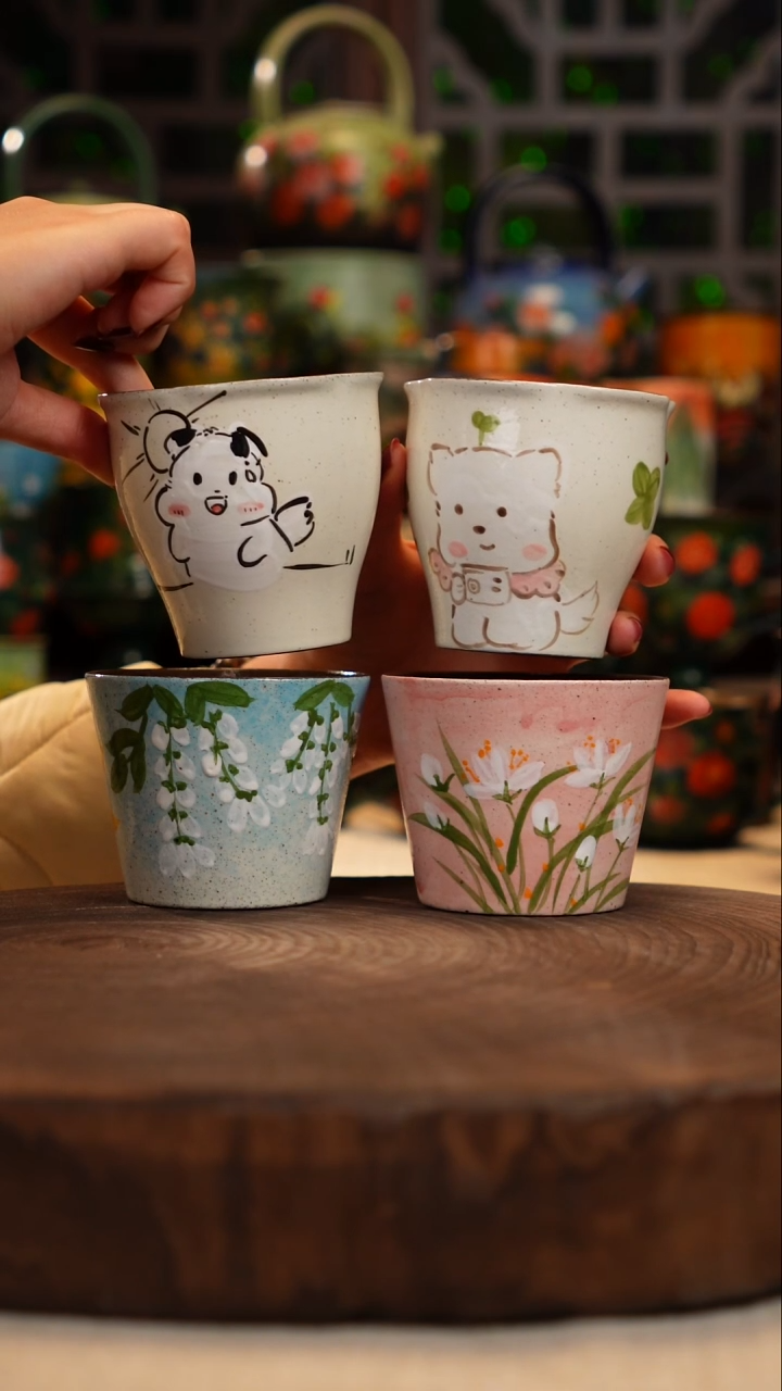 油画 釉下彩  杯子  4个