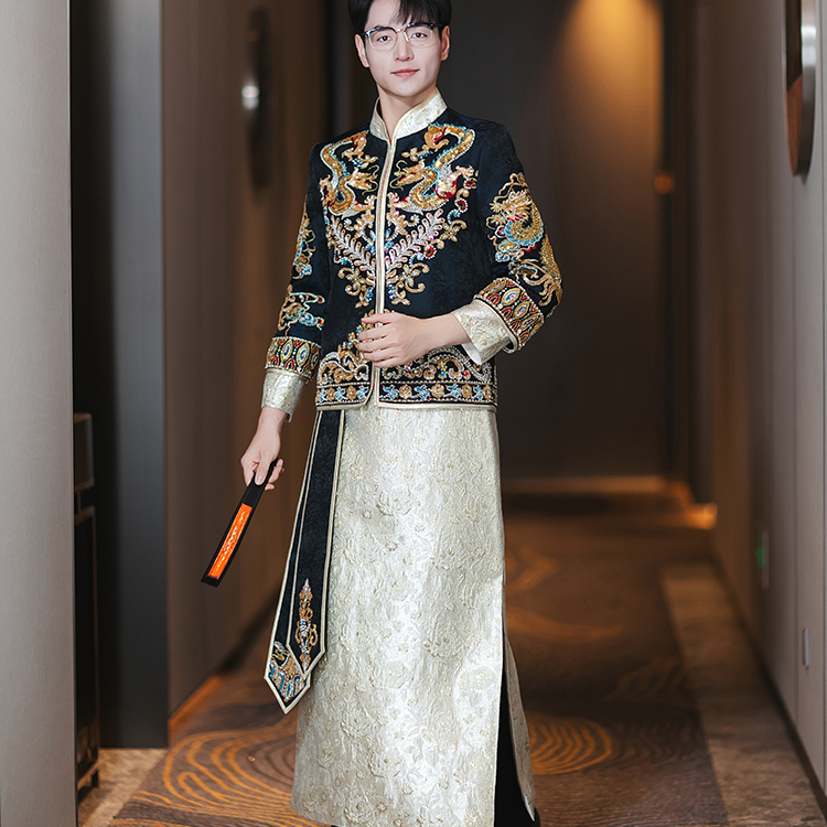 秀禾服黑色男装2025新款中式结婚新郎敬酒礼服古装婚服龙凤褂