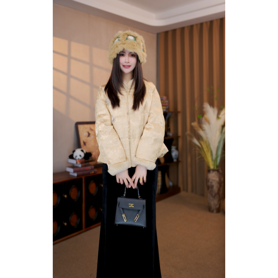 【松听雪】新中式国风羽绒服女冬季拼接兔毛厚外套G8879