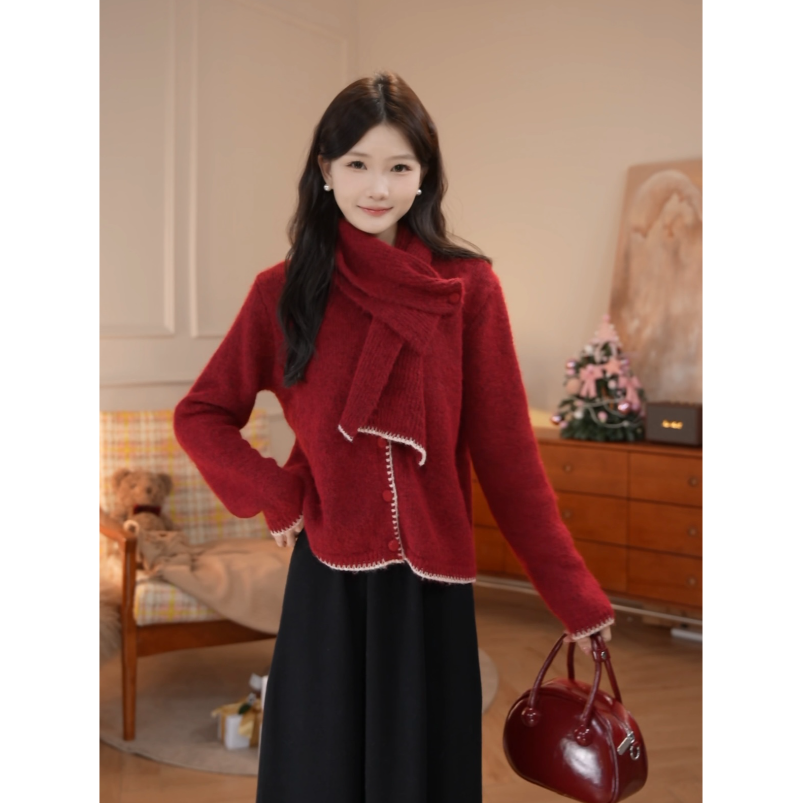 鹿向南「草莓雪顶」过年红羊毛毛衣秋冬新款设计感上衣女新年穿搭